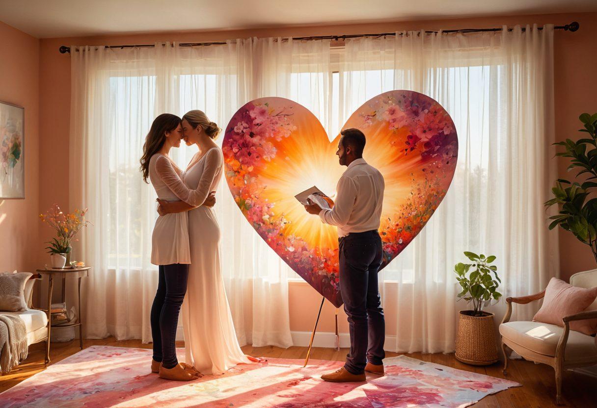 A warm, intimate scene showcasing a couple joyfully painting a large heart on a canvas in a sunlit room, surrounded by colorful palettes and brushes. Vibrant floral decorations and framed memories embellish the space, enhancing the sense of love and creativity. Soft rays of sunlight filter through sheer curtains, creating a dreamy atmosphere of connection and affection. super-realistic. vibrant colors. cozy ambiance.