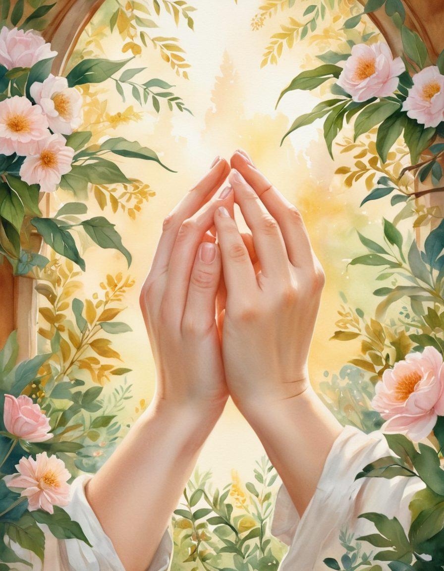 A warm, intimate setting featuring two hands gently intertwined, surrounded by a soft glow that symbolizes connection and love. Include subtle elements of nature, like blooming flowers and soft greenery, enhancing the feeling of tenderness and growth in relationships. A cozy background with faint heart motifs can add a dreamy effect. watercolor style. pastel colors. soft focus.